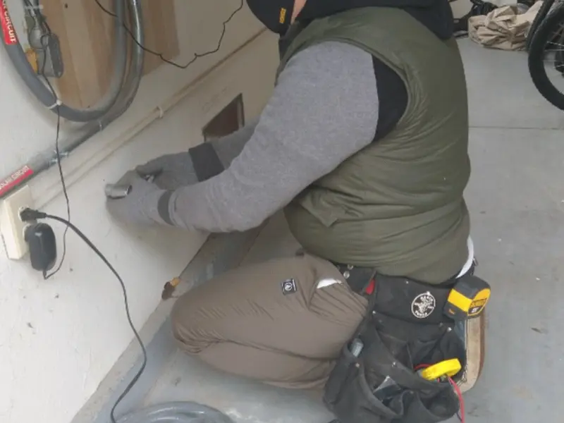 Electrician performing outlet wiring in a Gastonia garage